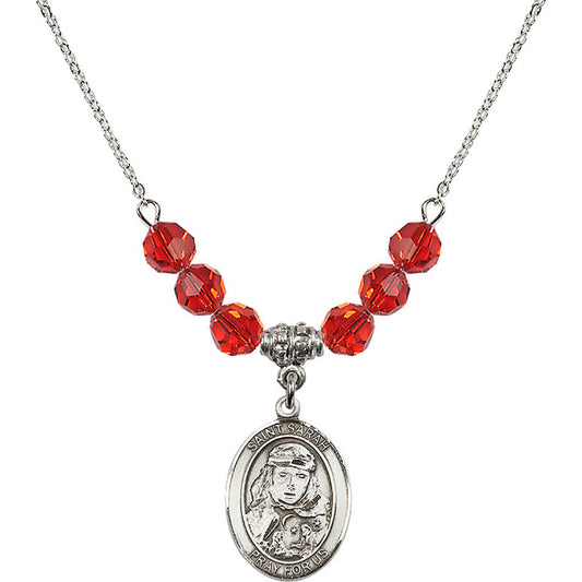 Sterling Silver Saint Sarah Birthstone Necklace with Ruby Beads - 8097