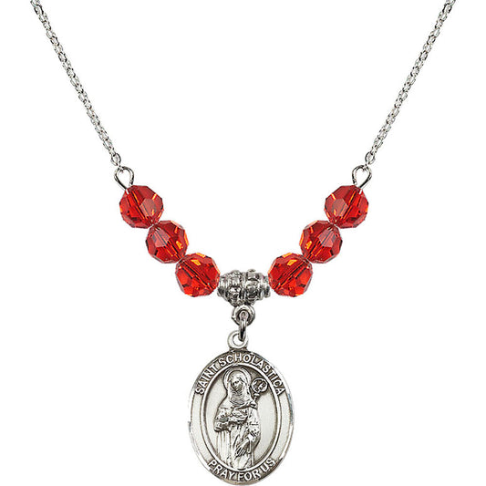 Sterling Silver Saint Scholastica Birthstone Necklace with Ruby Beads - 8099