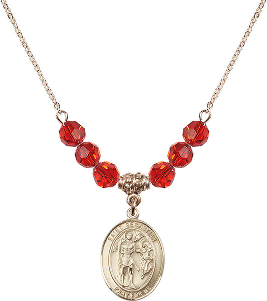 14kt Gold Filled Saint Sebastian Birthstone Necklace with Ruby Beads - 8100
