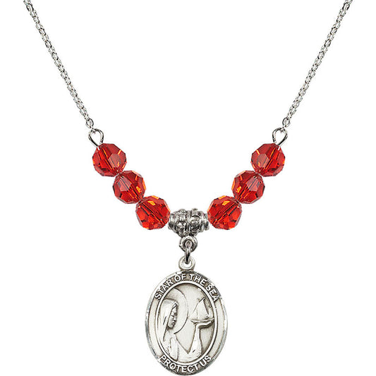 Sterling Silver Our Lady Star of the Sea Birthstone Necklace with Ruby Beads - 8101