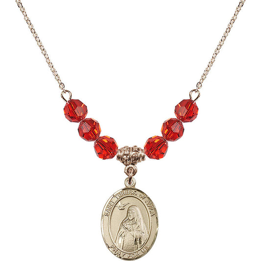 14kt Gold Filled Saint Teresa of Avila Birthstone Necklace with Ruby Beads - 8102