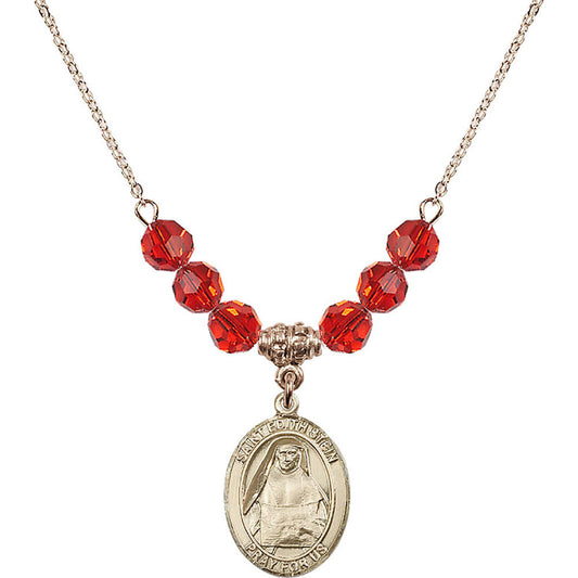 14kt Gold Filled Saint Edith Stein Birthstone Necklace with Ruby Beads - 8103