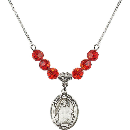 Sterling Silver Saint Edith Stein Birthstone Necklace with Ruby Beads - 8103