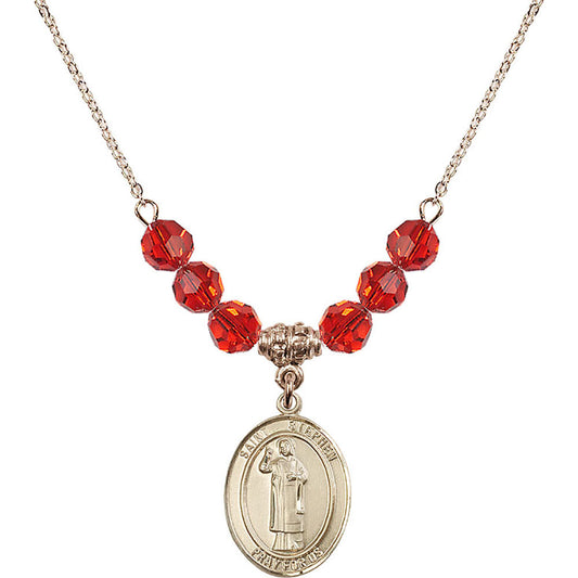 14kt Gold Filled Saint Stephen the Martyr Birthstone Necklace with Ruby Beads - 8104