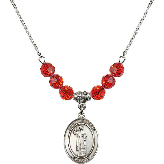 Sterling Silver Saint Stephen the Martyr Birthstone Necklace with Ruby Beads - 8104