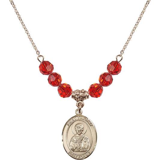 14kt Gold Filled Saint Timothy Birthstone Necklace with Ruby Beads - 8105