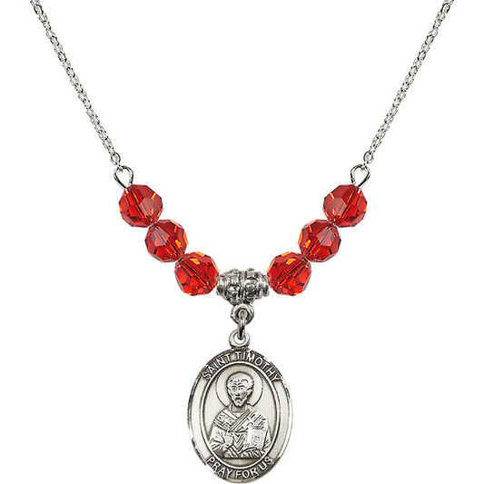 Sterling Silver Saint Timothy Birthstone Necklace with Ruby Beads - 8105