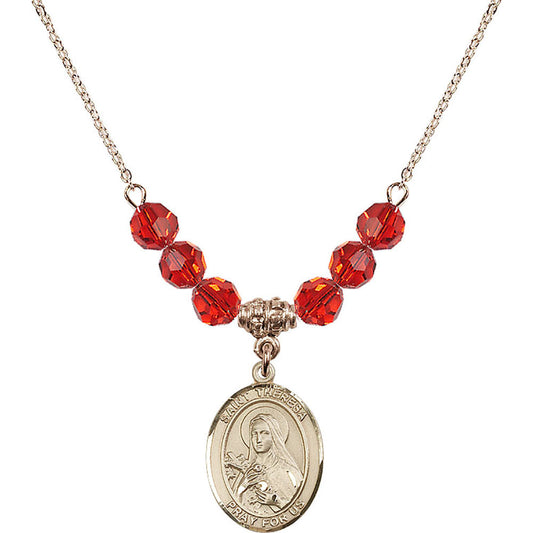 14kt Gold Filled Saint Theresa Birthstone Necklace with Ruby Beads - 8106
