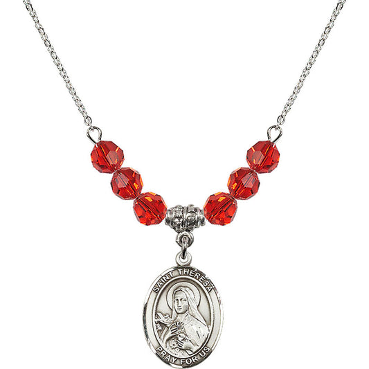 Sterling Silver Saint Theresa Birthstone Necklace with Ruby Beads - 8106