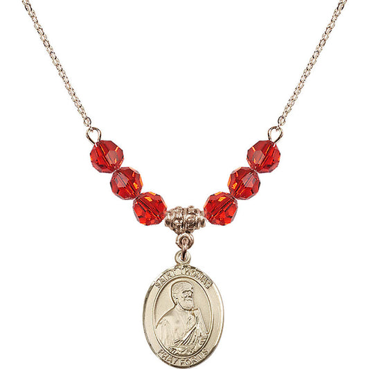 14kt Gold Filled Saint Thomas the Apostle Birthstone Necklace with Ruby Beads - 8107