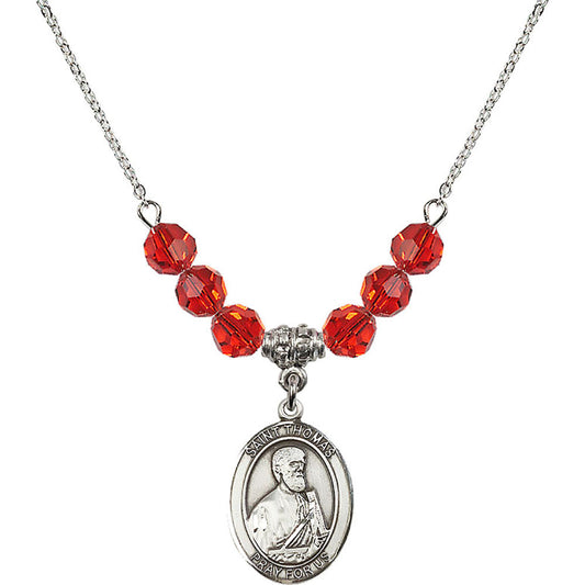 Sterling Silver Saint Thomas the Apostle Birthstone Necklace with Ruby Beads - 8107