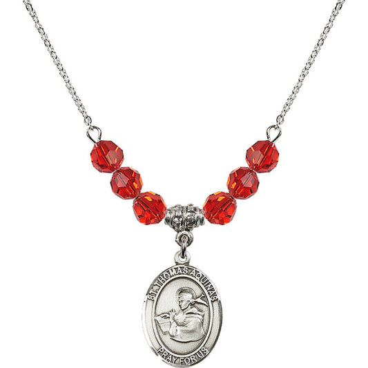 Sterling Silver Saint Thomas Aquinas Birthstone Necklace with Ruby Beads - 8108
