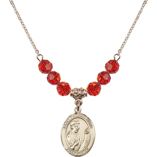 14kt Gold Filled Saint Thomas More Birthstone Necklace with Ruby Beads - 8109