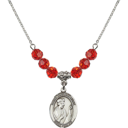 Sterling Silver Saint Thomas More Birthstone Necklace with Ruby Beads - 8109