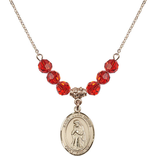 14kt Gold Filled Saint Juan Diego Birthstone Necklace with Ruby Beads - 8111