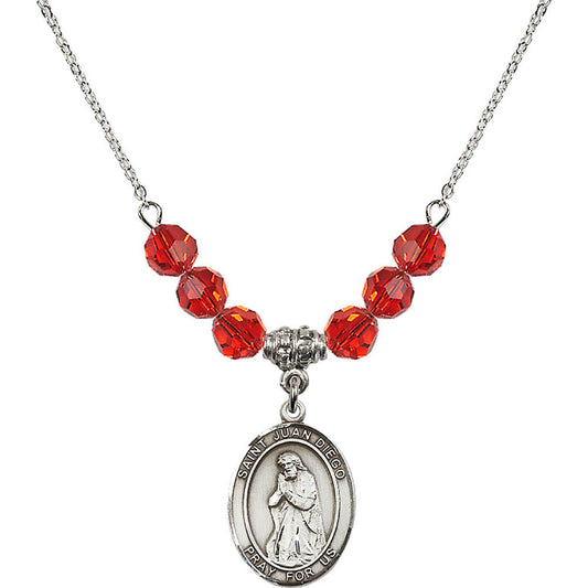 Sterling Silver Saint Juan Diego Birthstone Necklace with Ruby Beads - 8111