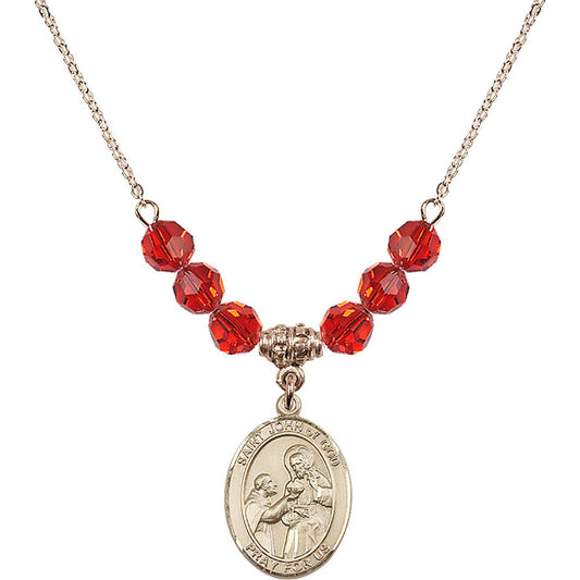 14kt Gold Filled Saint John of God Birthstone Necklace with Ruby Beads - 8112