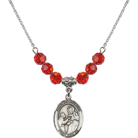 Sterling Silver Saint John of God Birthstone Necklace with Ruby Beads - 8112