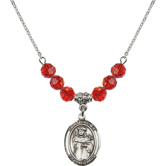Sterling Silver Saint Casimir of Poland Birthstone Necklace with Ruby Beads - 8113