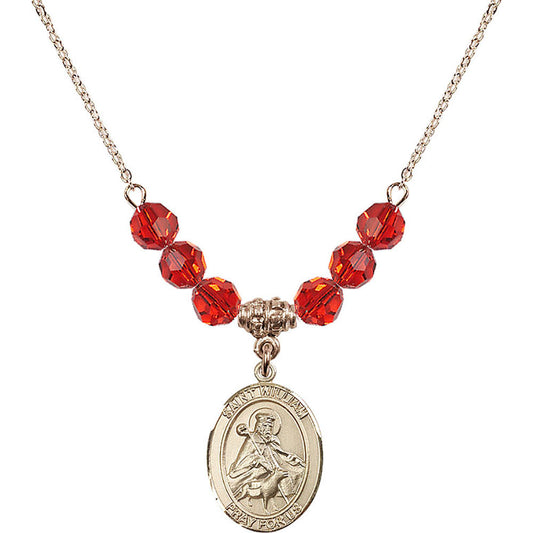 14kt Gold Filled Saint William of Rochester Birthstone Necklace with Ruby Beads - 8114