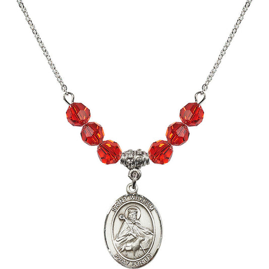 Sterling Silver Saint William of Rochester Birthstone Necklace with Ruby Beads - 8114