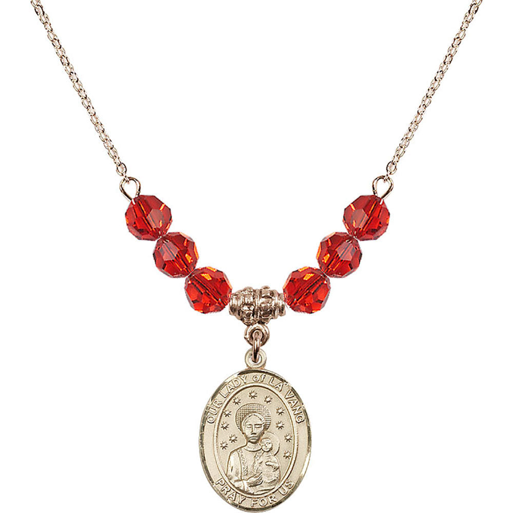 14kt Gold Filled Our Lady of la Vang Birthstone Necklace with Ruby Beads - 8115