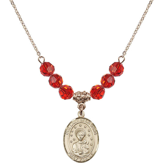 14kt Gold Filled Our Lady of la Vang Birthstone Necklace with Ruby Beads - 8115