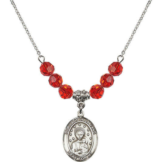 Sterling Silver Our Lady of la Vang Birthstone Necklace with Ruby Beads - 8115