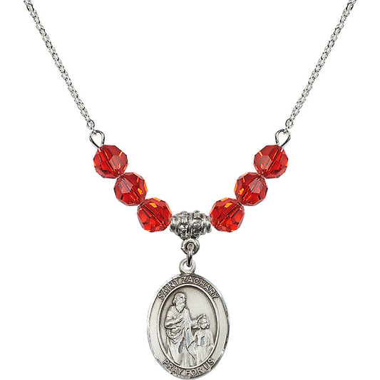 Sterling Silver Saint Zachary Birthstone Necklace with Ruby Beads - 8116