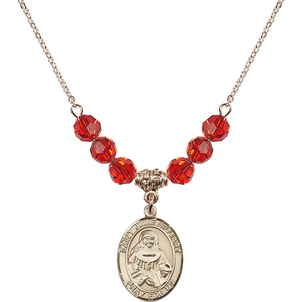 14kt Gold Filled Saint Julie Billiart Birthstone Necklace with Ruby Beads - 8117