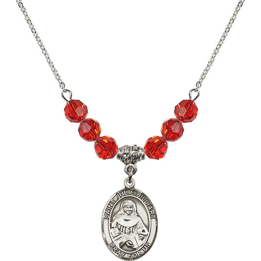 Sterling Silver Saint Julie Billiart Birthstone Necklace with Ruby Beads - 8117