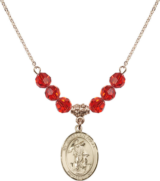 14kt Gold Filled Guardian Angel w/Child Birthstone Necklace with Ruby Beads - 8118