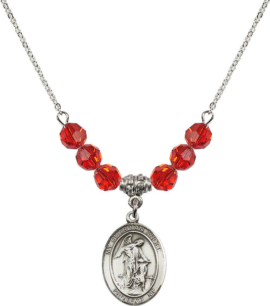 Sterling Silver Guardian Angel w/Child Birthstone Necklace with Ruby Beads - 8118