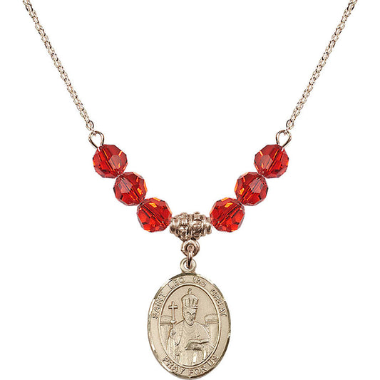 14kt Gold Filled Saint Leo the Great Birthstone Necklace with Ruby Beads - 8120