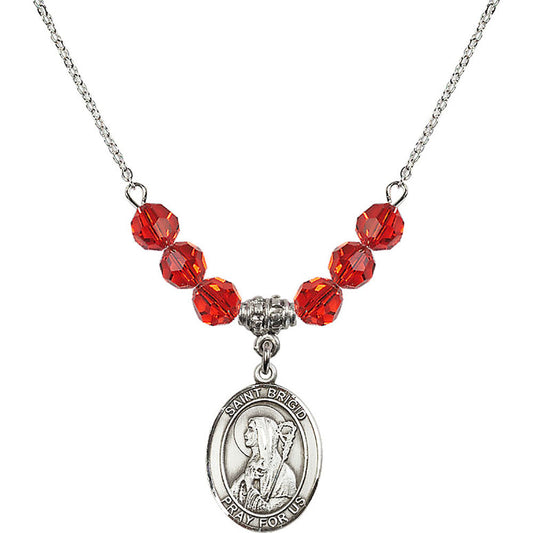 Sterling Silver Saint Brigid of Ireland Birthstone Necklace with Ruby Beads - 8123