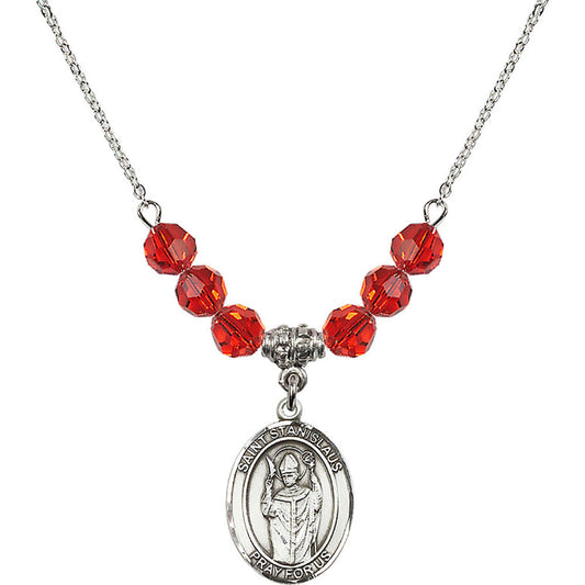 Sterling Silver Saint Stanislaus Birthstone Necklace with Ruby Beads - 8124