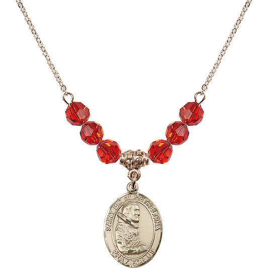 14kt Gold Filled Saint Pio of Pietrelcina Birthstone Necklace with Ruby Beads - 8125
