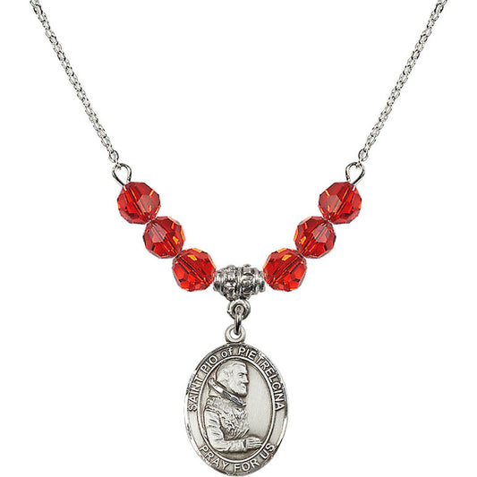 Sterling Silver Saint Pio of Pietrelcina Birthstone Necklace with Ruby Beads - 8125