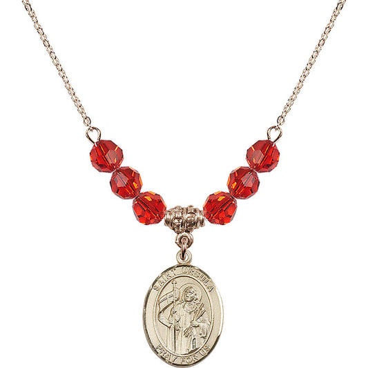 14kt Gold Filled Saint Ursula Birthstone Necklace with Ruby Beads - 8127