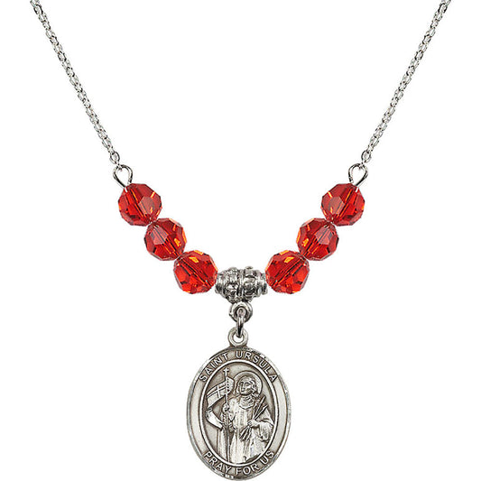 Sterling Silver Saint Ursula Birthstone Necklace with Ruby Beads - 8127