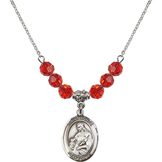 Sterling Silver Saint Agnes of Rome Birthstone Necklace with Ruby Beads - 8128