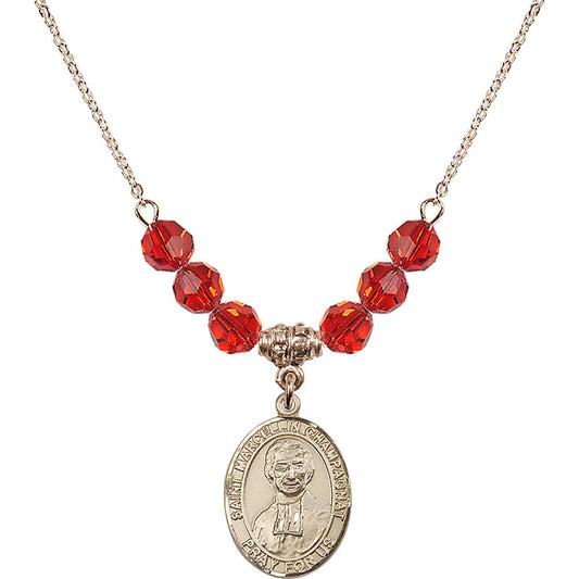 14kt Gold Filled Saint Marcellin Champagnat Birthstone Necklace with Ruby Beads - 8131