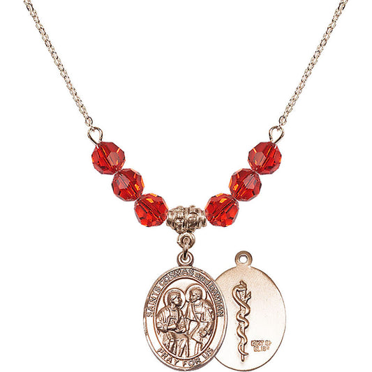 14kt Gold Filled Saints Cosmas & Damian / Doctors Birthstone Necklace with Ruby Beads - 8132