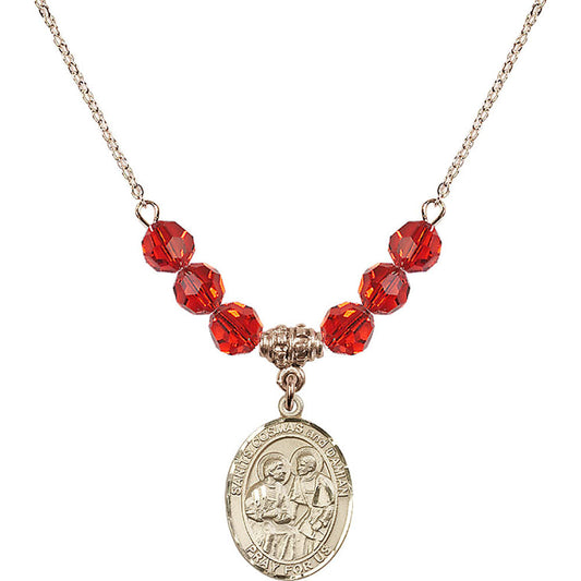 14kt Gold Filled Saints Cosmas & Damian Birthstone Necklace with Ruby Beads - 8132