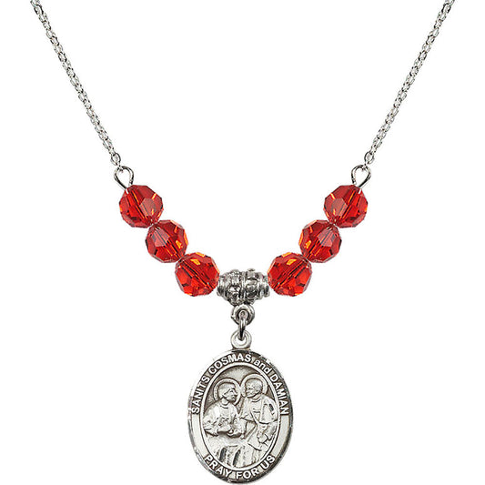 Sterling Silver Saints Cosmas & Damian Birthstone Necklace with Ruby Beads - 8132