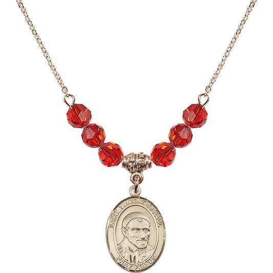 14kt Gold Filled Saint Vincent De Paul Birthstone Necklace with Ruby Beads - 8134