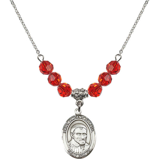 Sterling Silver Saint Vincent De Paul Birthstone Necklace with Ruby Beads - 8134