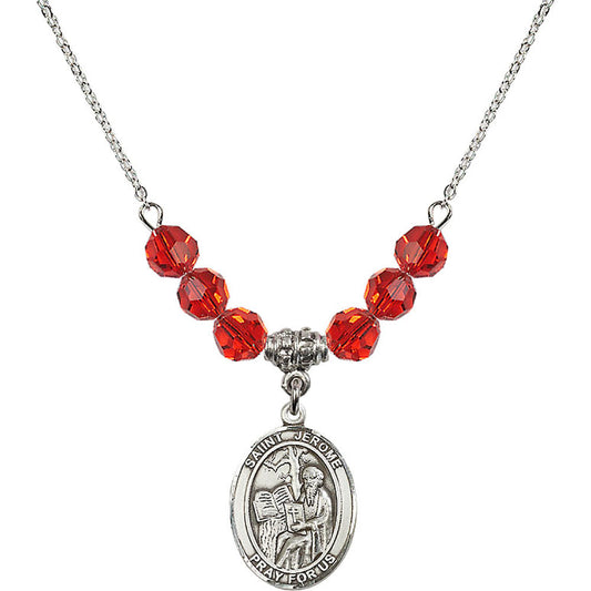 Sterling Silver Saint Jerome Birthstone Necklace with Ruby Beads - 8135