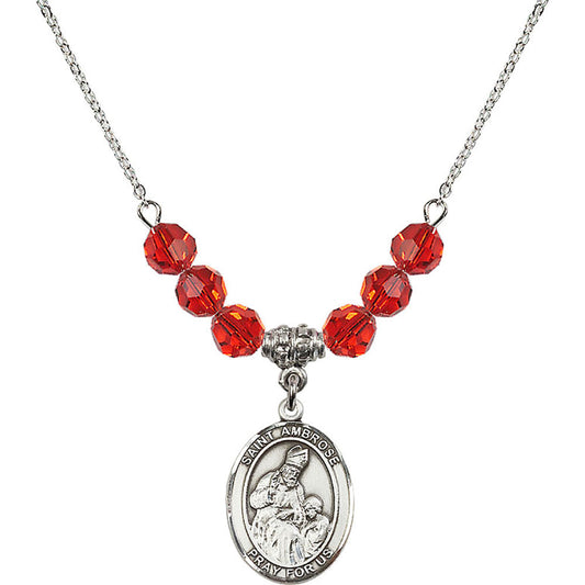 Sterling Silver Saint Ambrose Birthstone Necklace with Ruby Beads - 8137