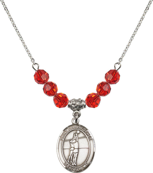 Sterling Silver Saint Christopher/Volleyball Birthstone Necklace with Ruby Beads - 8138